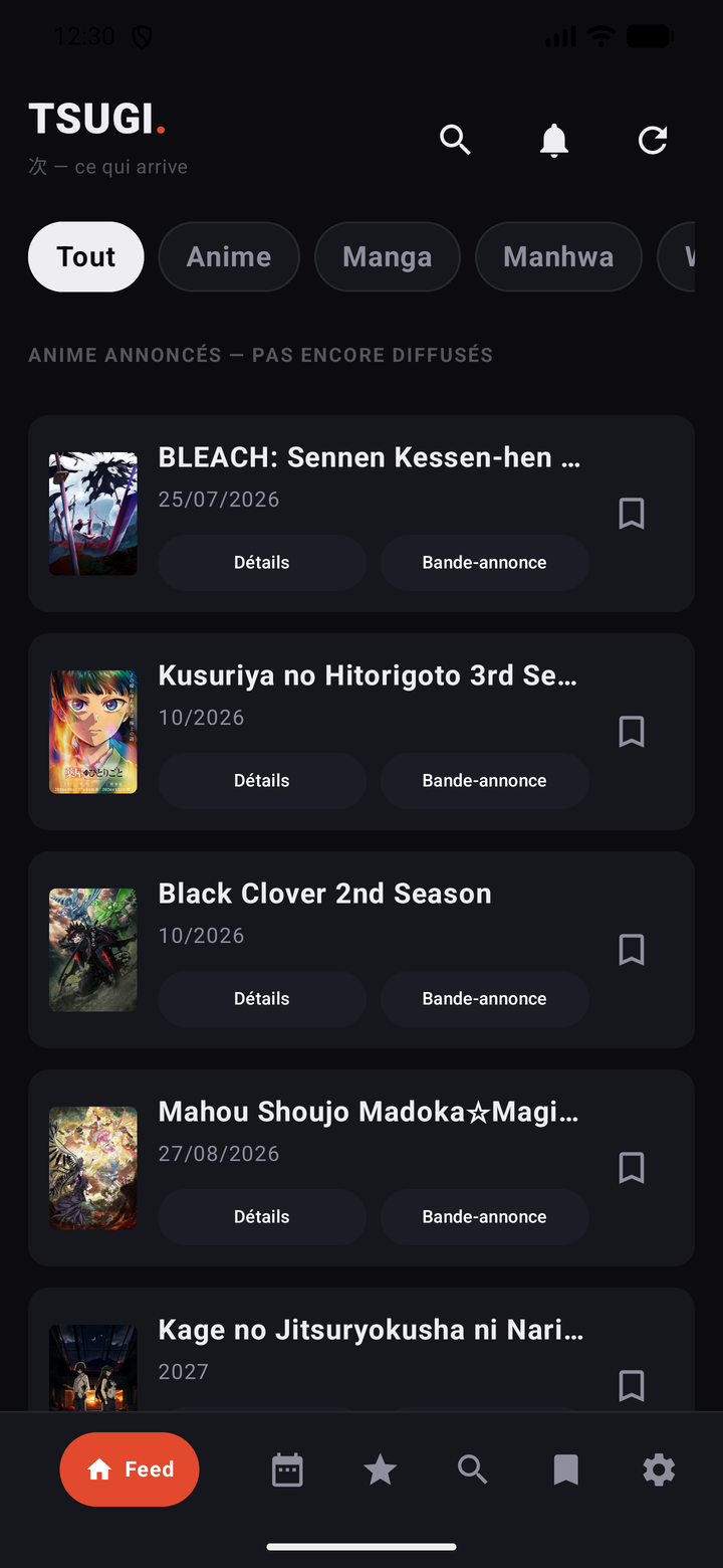Le Feed TSUGI listant des sorties d'anime à venir