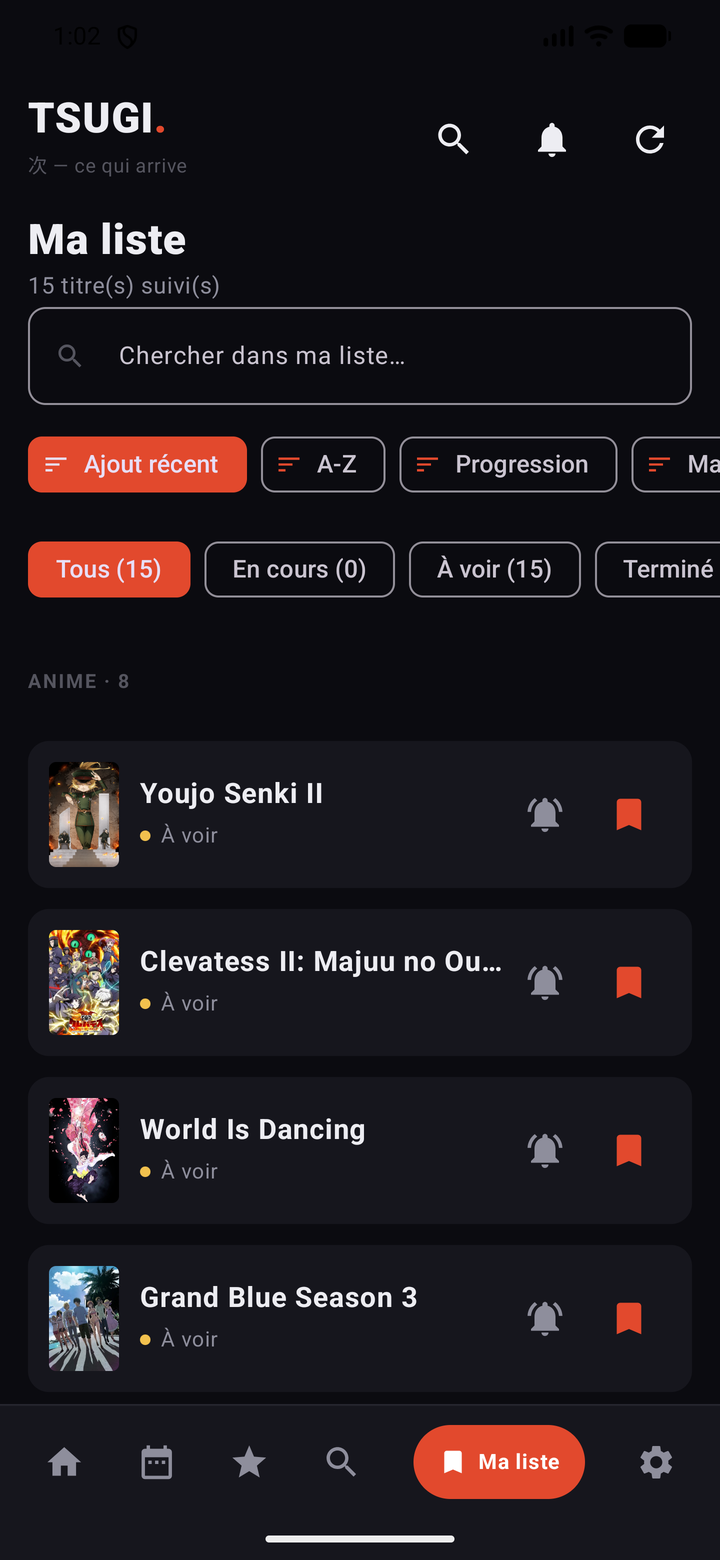 Ma liste TSUGI avec 15 titres suivis, triés par catégorie